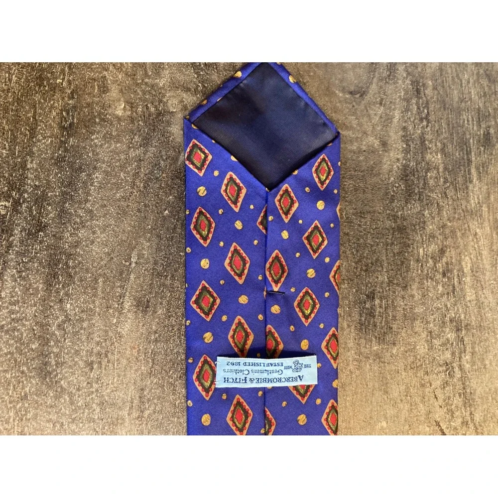 Abercrombie & Fitch Mens Silk Tie Blue Red Gold Geometric Diamond Made in USA